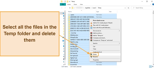 Screenshot showing how to delete all files from the temporary files folder
