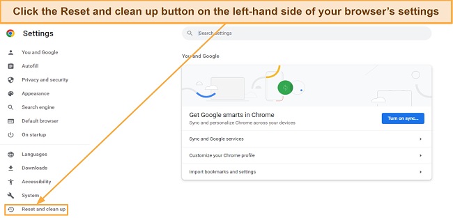 Screenshot showing how to access the Reset and clean up menu on Google Chrome