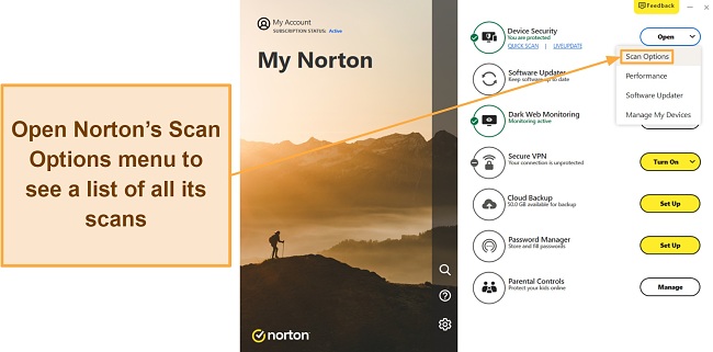 Screenshot showing how to access Norton's available scans