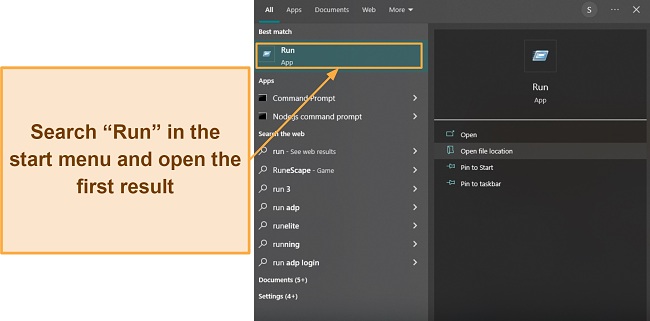 Screenshot showing how to access the Run command window on Windows