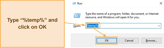 Screenshot showing how to open the temporary files folder using the Run command window