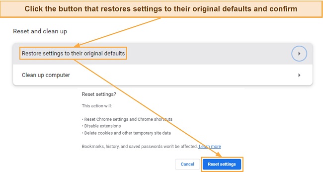 Screenshot showing how to restore browser settings to original defaults on Google Chrome