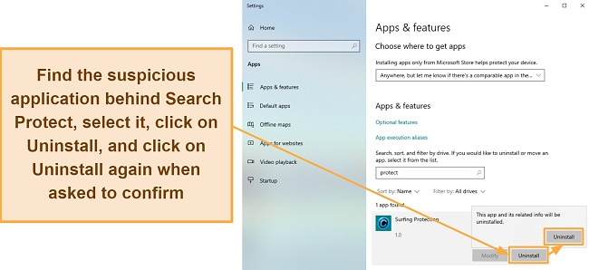 Screenshot showing how to find and uninstall a suspicious app