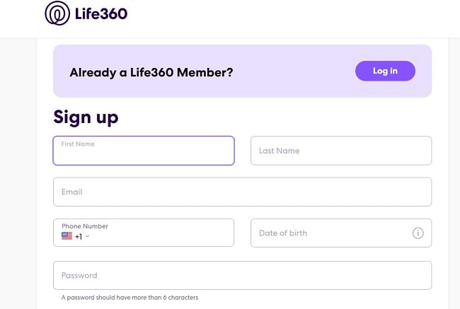 Life360 registreringsformulär skärmdump