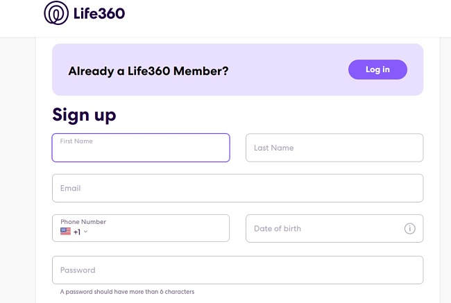 Captură de ecran din formularul de înscriere Life360