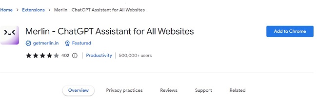 Екранна снимка на добавките за Chrome на Merlin – ChatGPT Assistant