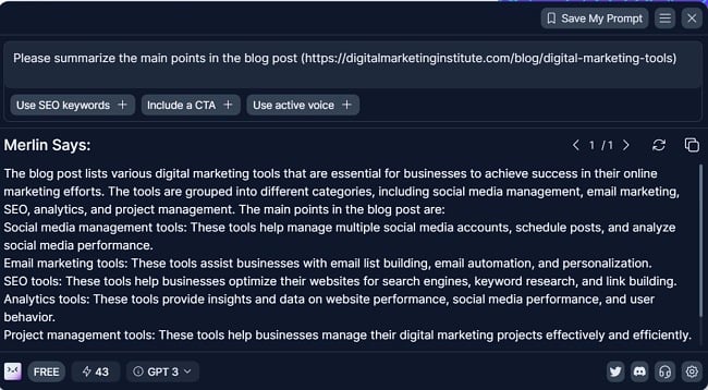 Екранна снимка на резултатите от Merlin - ChatGPT Assistant
