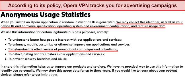 Screenshot of Opera VPN's privacy policy's 