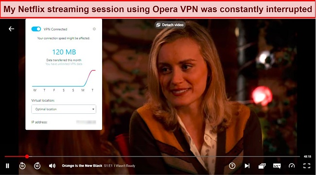 Screenshot of Opera VPN open while Orange is the New Black streams on Netflix