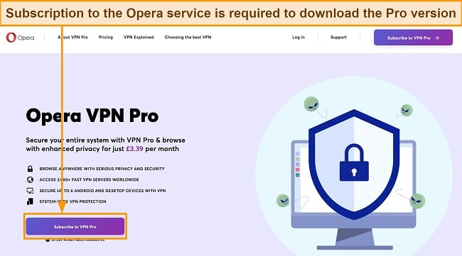 Screenshot of the Opera VPN website's subscription page