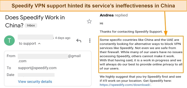 Screenshot of chat with Speedify support that shows that the VPN may likely not work in China
