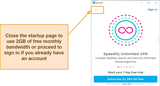 Screenshot of Speedify login interface