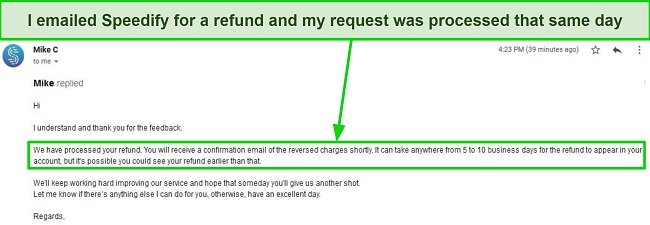 Screenshot of Speedify support processing my refund