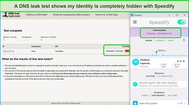 Screenshot of DNS Leak test with Speedify