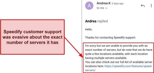 Screenshot from Speedify support showing that the VPN was evasive about the exact server numbers
