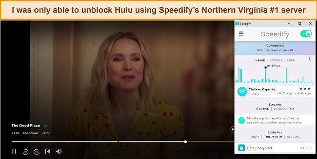 Screenshot of Speedify unblocking Hulu