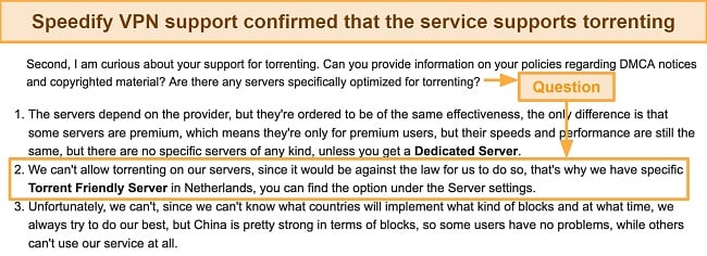 Screenshot of Speedify's representative confirming the service's torrent capability