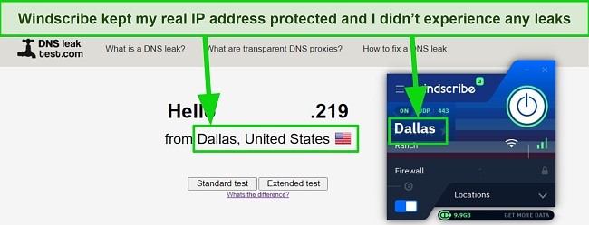 Screenshot showing DNS leak test results passed when connected with WIndscribe
