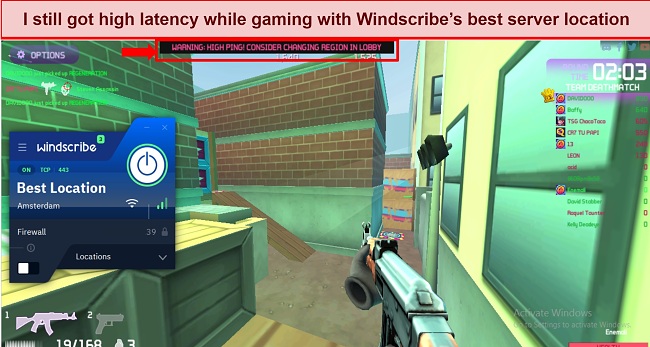 Screenshot showing high ping while gaming with Windscribe