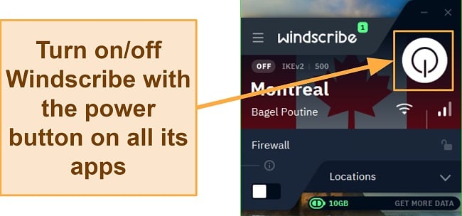 Screenshot showing how to power on Windscribe VPN