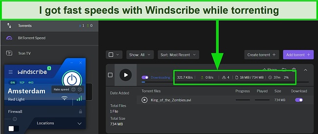Screenshot of fast speeds while torrenting with Windscribe