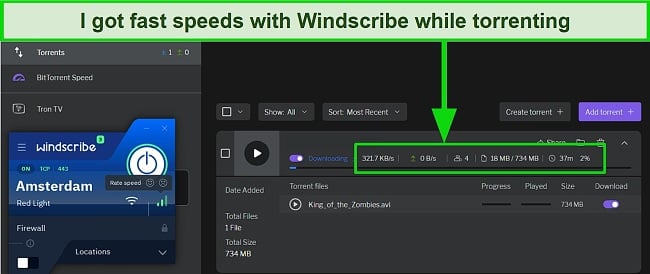 Screenshot of fast speeds while torrenting with Windscribe