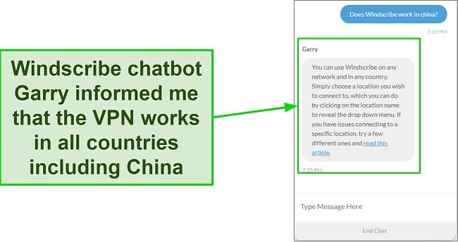 Screenshot of chat with support showing that WIndscribe works in China