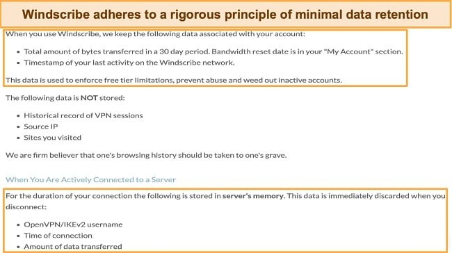 Screenshot of an excerpt of WIndscribe's privacy statement