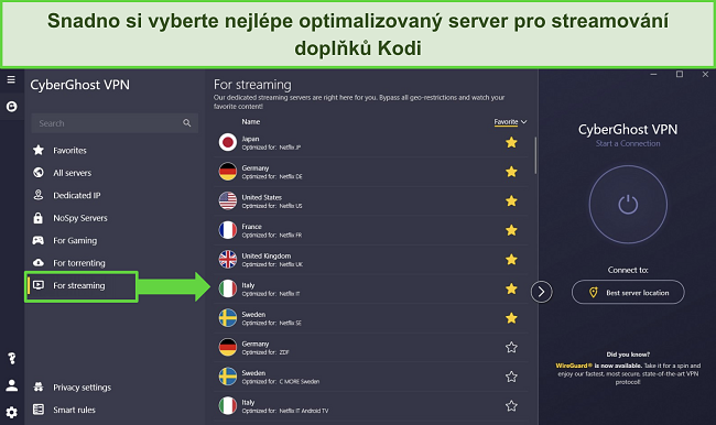 Snímek obrazovky aplikace CyberGhost pro Windows ukazující servery optimalizované 