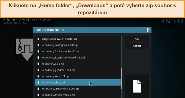 Snímek obrazovky menu Kodi pro instalaci ze zip souboru, s vyznačeným staženým zip souborem repozitáře.