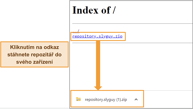 Snímek obrazovky s repozitářem Slyguy, který se stahuje jako zip soubor z hostitelské webové stránky