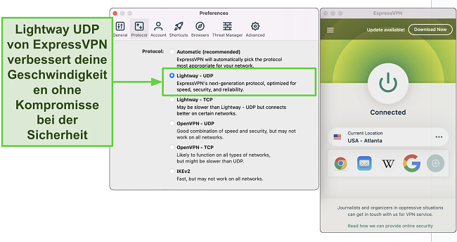 Screenshot der Protokolloptionen von ExpressVPN, der ausgewähltes Lightway UDP zeigt