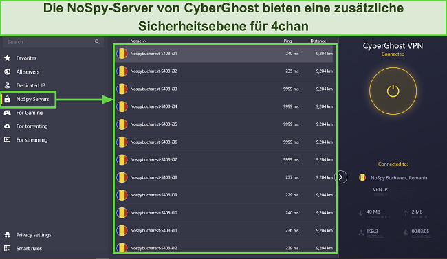 Screenshot der Windows-App von CyberGhost, der seine NoSpy-Server zeigt