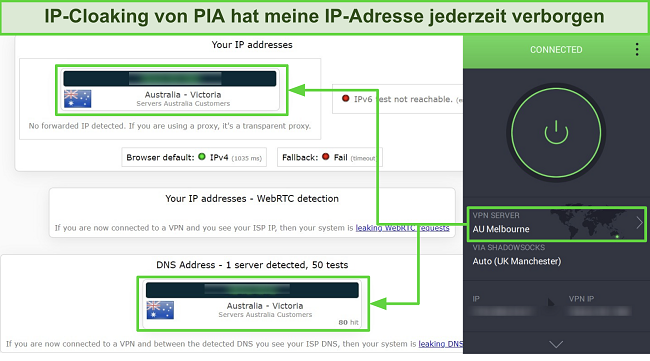 Screenshot der IP/DNS-Leak-Testergebnisse von PIA