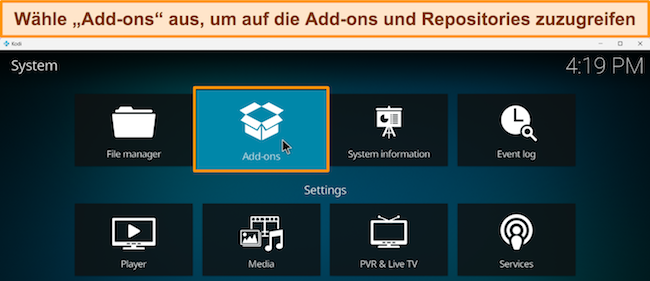 Screenshot der Add-on-Schaltfläche von Kodi im Einstellungsmenü