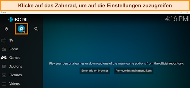 Screenshot der Benutzeroberfläche von Kodi und wo sich das Symbol „Einstellungen“ befindet