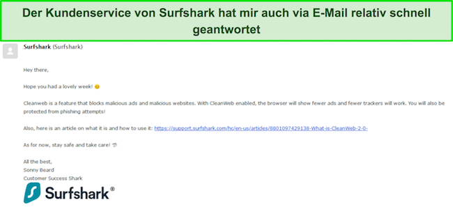 Screenshot einer Antwort vom E-Mail-Support von Surfshark