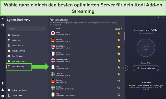 Screenshot der CyberGhost Windows-App, die die für 'Streaming' optimierten Server zeigt.