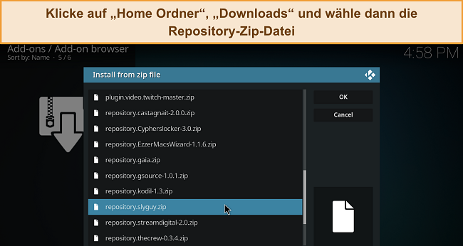 Screenshot des Kodi-Menüs 'Installieren aus Zip-Datei', mit hervorgehobener heruntergeladener Repository-Zip-Datei.