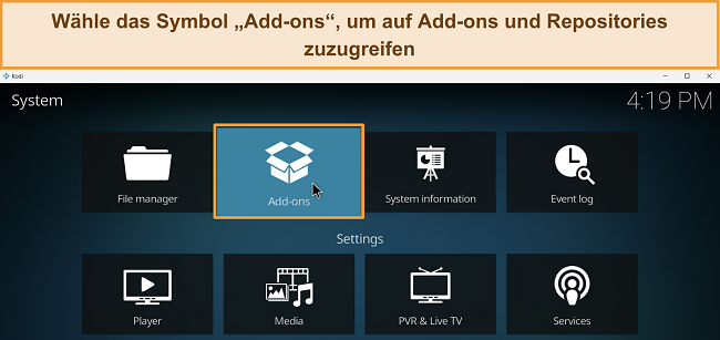 Screenshot des Kodi-Einstellungsmenüs mit hervorgehobener Add-ons-Option.