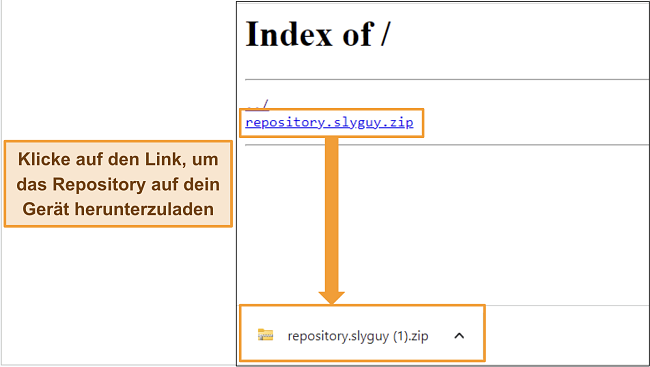 Screenshot des Slyguy-Repositorys, das als Zip-Datei von seiner Host-Website heruntergeladen wird.