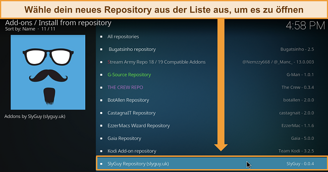 Screenshot der Liste heruntergeladener Kodi-Repositorys, mit hervorgehobenem Slyguy-Repository.