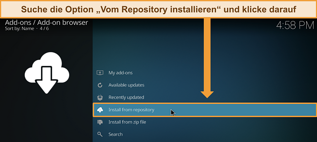 Screenshot der Kodi Add-ons-Einstellungsseite mit hervorgehobener Option 'Installieren aus Repository'.