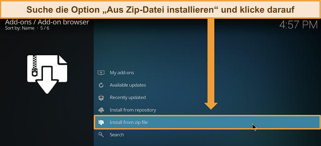 Screenshot der Kodi Add-ons-Einstellungen mit hervorgehobener Option 'Installieren aus Zip-Datei'.