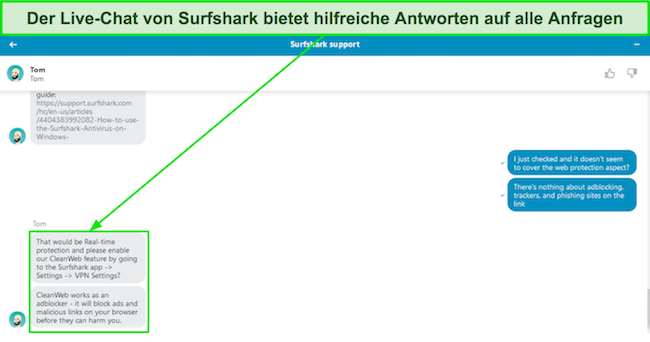 Screenshot eines Gesprächs mit dem Live-Chat-Support von Surfshark