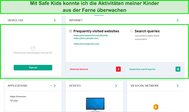 Screenshot des Überwachungs-Dashboards für die Kindersicherung von Kaspersky Safe Kids