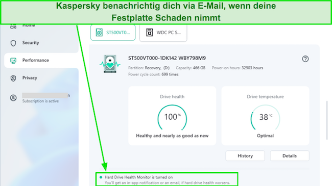 Screenshot der Anzeige des Hard Drive Health Monitor von Kaspersky