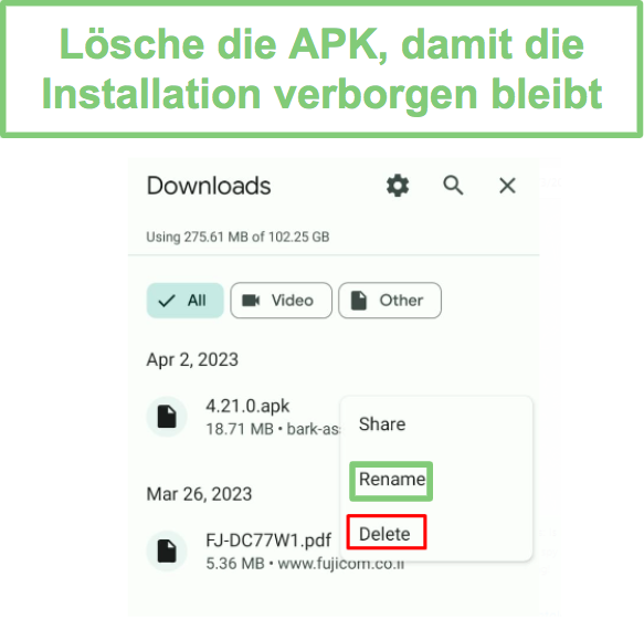 Löschen Sie die Hoverwatch APK-Datei