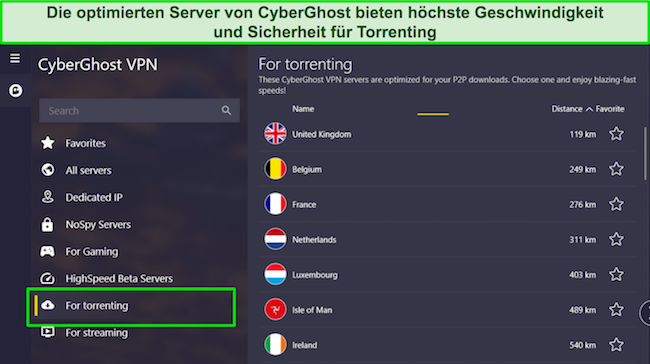Screenshot der Windows-App von CyberGhost mit hervorgehobener Liste der Torrent-Server.