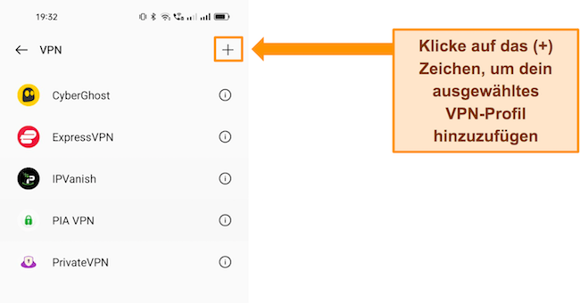 Screenshot mit Optionen zum Hinzufügen von VPN in den Android-Telefoneinstellungen